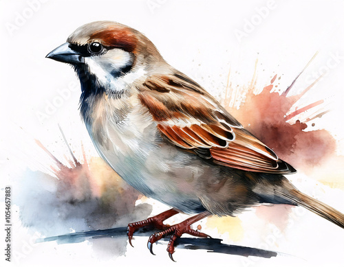 A small brown sparrow perched on a branch with a watercolor background photo