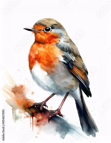 A detailed illustration of a European Robin perched on a branch, its vibrant orange breast contrasting with the white background photo