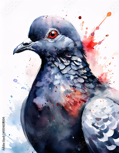 A detailed illustration of a pigeon perched on a branch, with vibrant blue and purple feathers and a splash of watercolor in the background photo