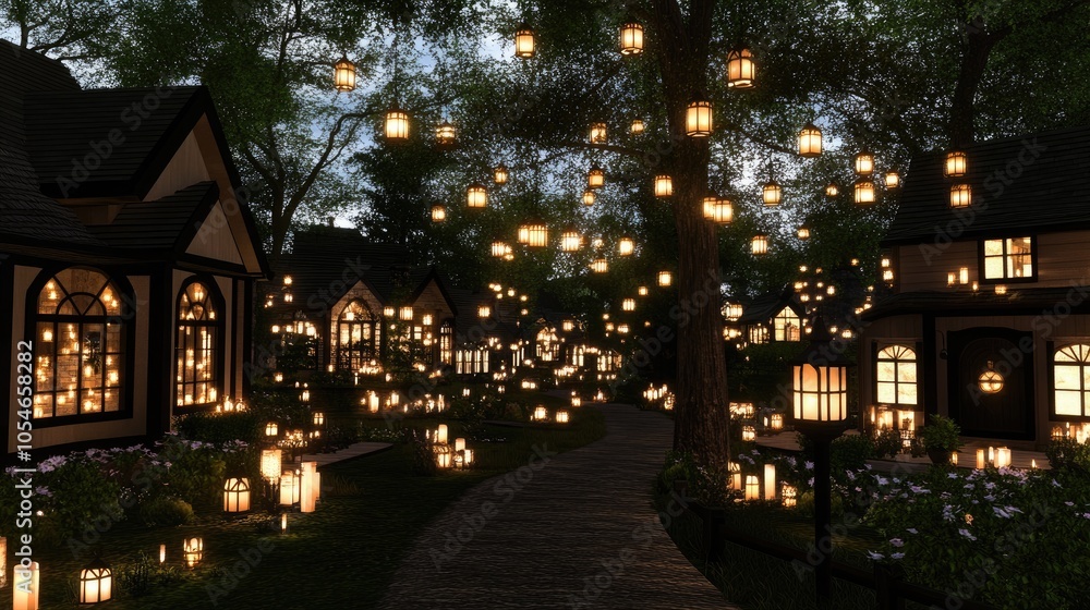 A fairy-tale village is illuminated by floating lanterns, casting a magical glow on the serene lake and charming homes at night A fairy-tale village is illuminated by floating lanterns, casting a magical glow on the serene lake and charming homes at night
