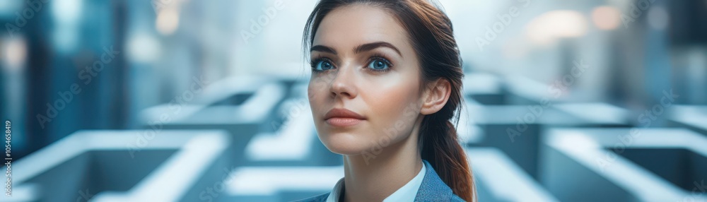 Businesswoman looking at a 3D map with potential obstacles and clear pathways, navigating challenges, solution strategy Businesswoman looking at a 3D map with potential obstacles and clear pathways, navigating challenges, solution strategy