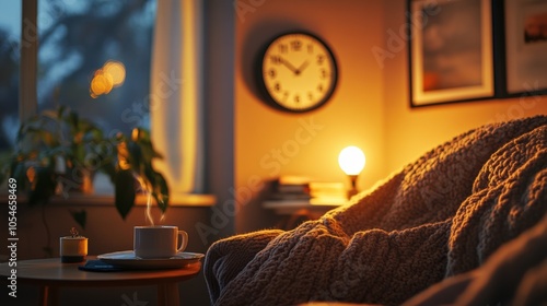 Cozy home interior with a clock on the wall showing the time moving backward, a soft blanket, and a cup of coffee, symbolizing the extra hour of rest as Daylight Saving Time ends.