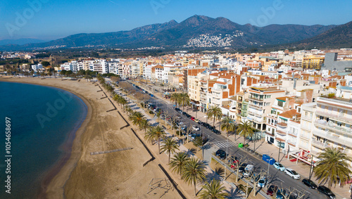 Fotografie Panoramic aerial view of waterfront promenade in city Roses, Catalonia