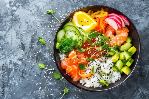 Vibrant salmon poke bowl with fresh vegetables and rice