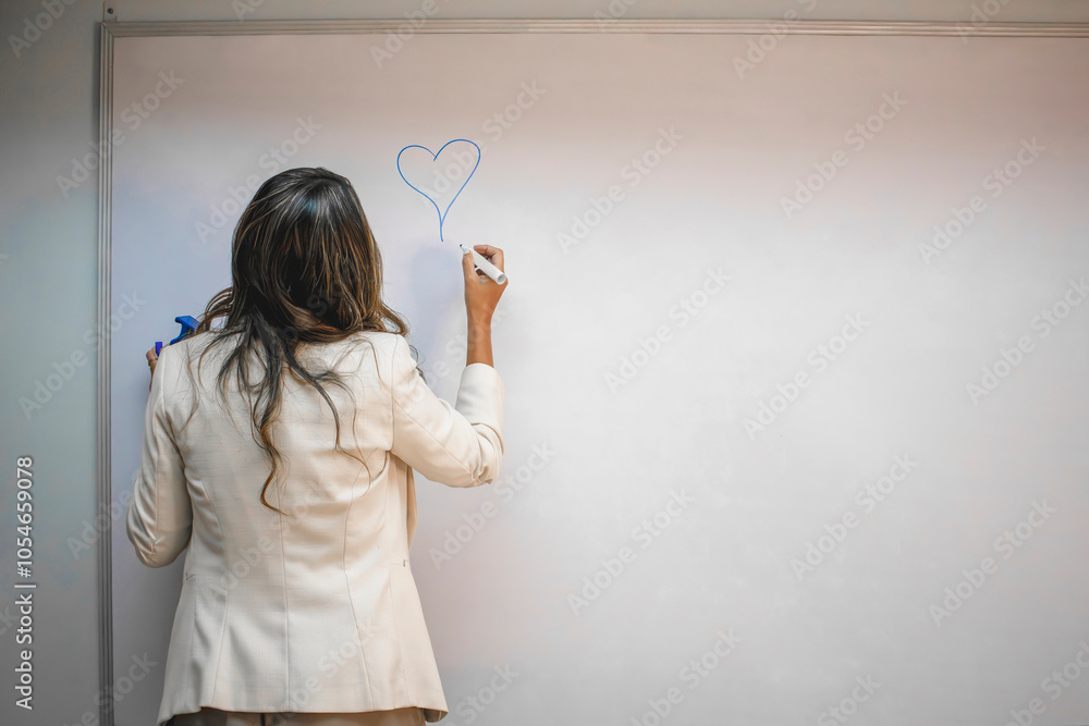 Romantic Office Worker Drawing Heart on Whiteboard, Dreaming of Love Romantic Office Worker Drawing Heart on Whiteboard, Dreaming of Love