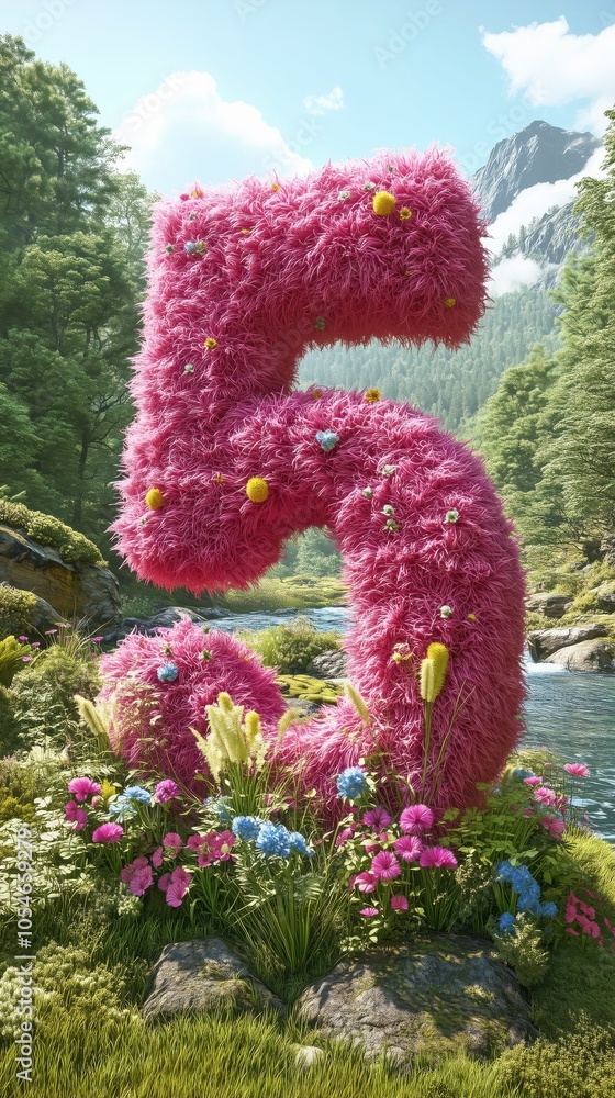 Fototapeta premium Number five covered in pink fluffy texture with small flowers in a forest environment