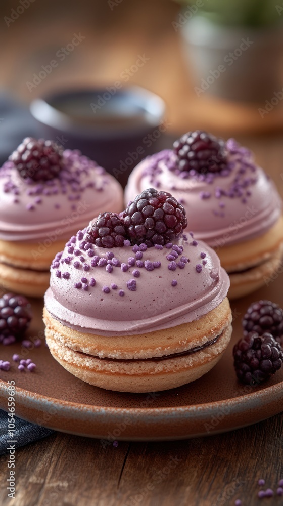 Blackberry and Lavender-Glazed Doughnuts on a Plate Blackberry and Lavender-Glazed Doughnuts on a Plate
