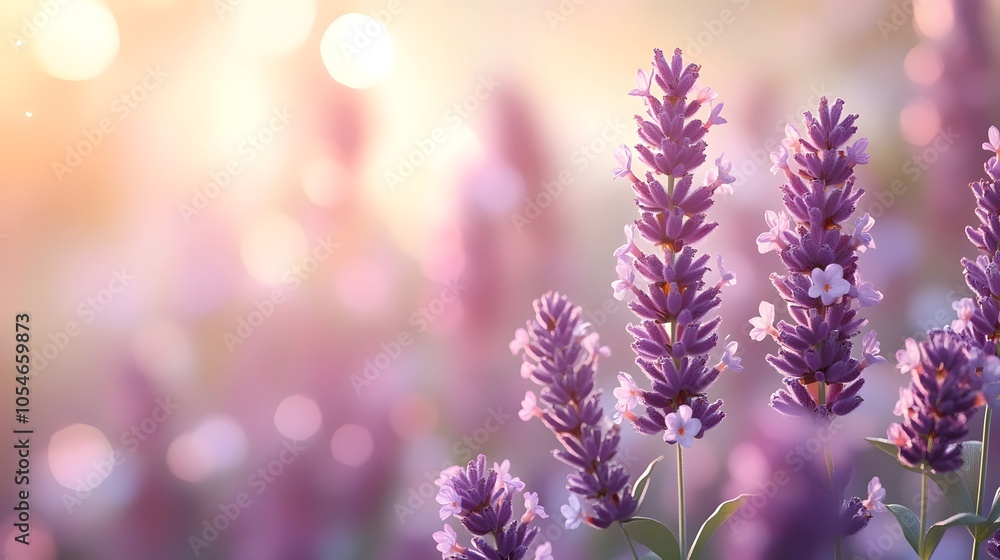 Obraz premium A stunning close-up of blooming lavender flowers with soft purple hues, basking in warm sunlight, creating a serene and tranquil atmosphere in nature.