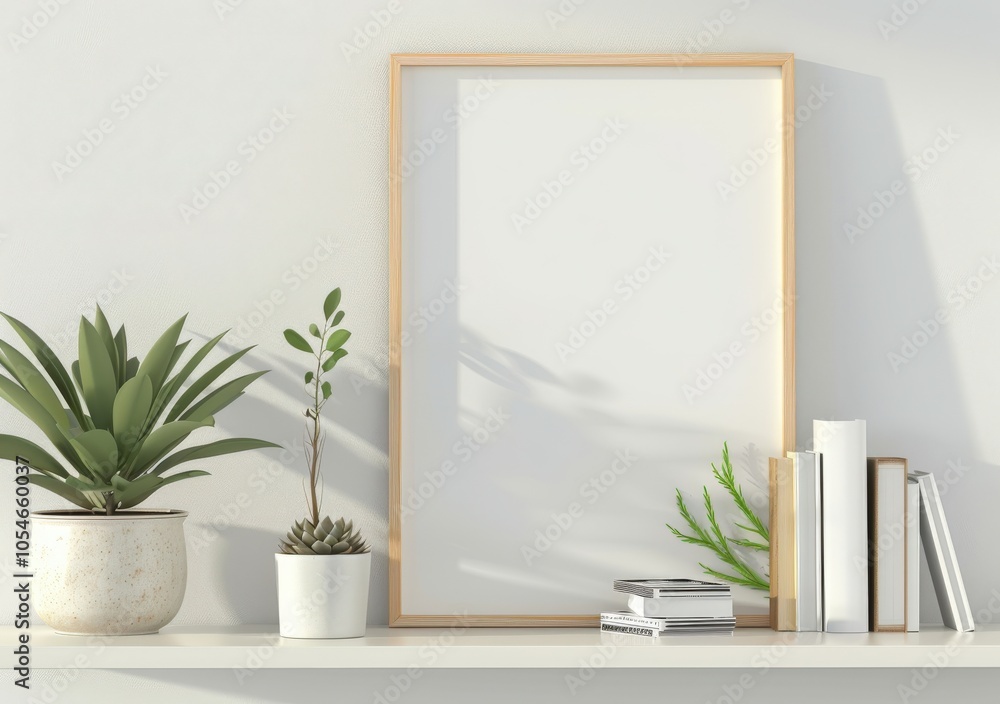 A blank framed poster mockup on a white shelf with plants and books The poster is ready for your design or artwork A blank framed poster mockup on a white shelf with plants and books The poster is ready for your design or artwork