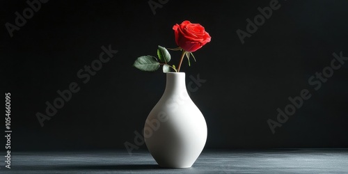 A single red rose centered in a simple white vase on a black background, softly illuminated by a spotlight.