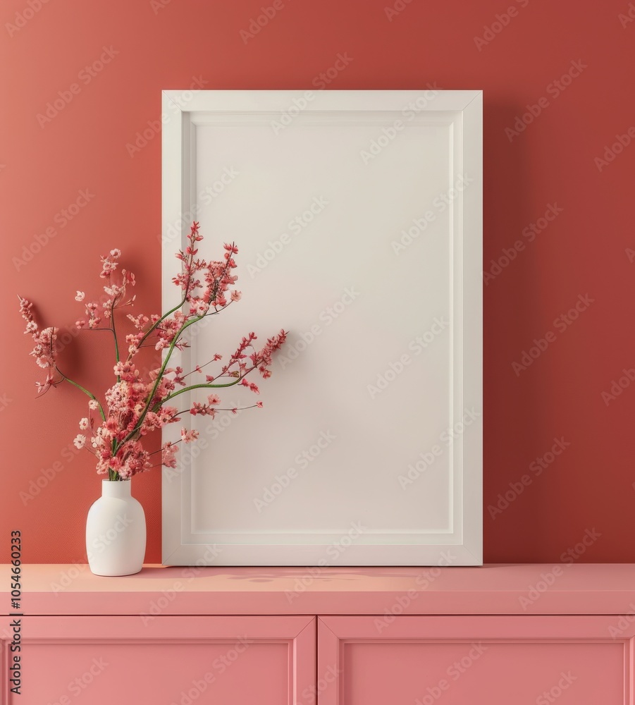 A white frame with a vase of pink flowers on a pink dresser against a coral wall