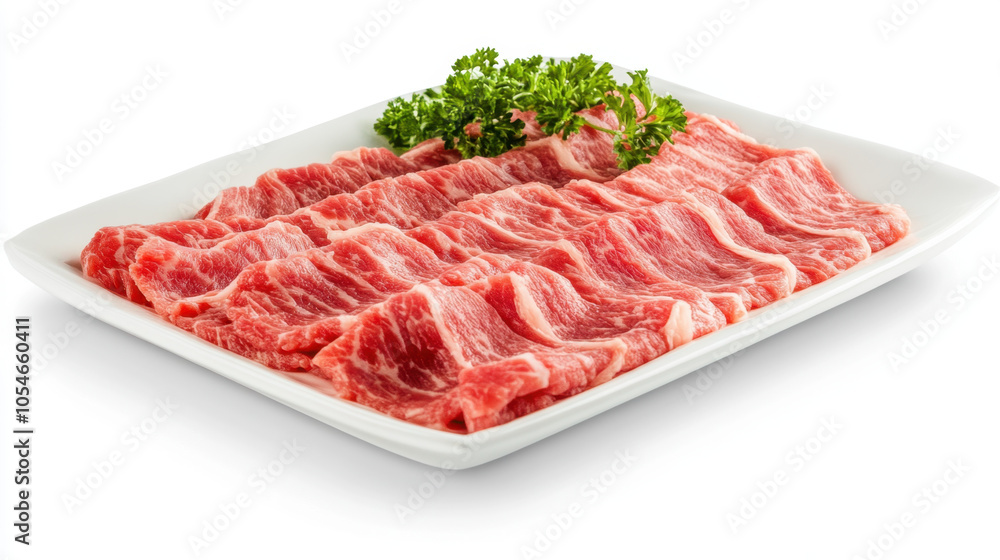 Fresh thinly sliced beef arranged neatly on large white platter, garnished with parsley, showcasing its vibrant red color and marbling. Perfect for culinary presentations Fresh thinly sliced beef arranged neatly on large white platter, garnished with parsley, showcasing its vibrant red color and marbling. Perfect for culinary presentations