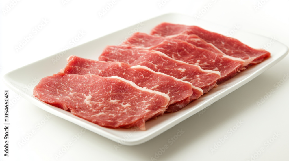 Freshly sliced raw meat displayed on large white platter, showcasing thin, marbled cuts that highlight quality and freshness. Perfect for culinary presentations or meal preparations Freshly sliced raw meat displayed on large white platter, showcasing thin, marbled cuts that highlight quality and freshness. Perfect for culinary presentations or meal preparations