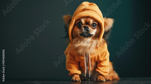 Pekingese Puppy in Hip Hop Fashion, A stylish young Pekingese dog dressed in trendy urban attire, showcasing vibrant colors against a dark backdrop, ideal for creative advertising.