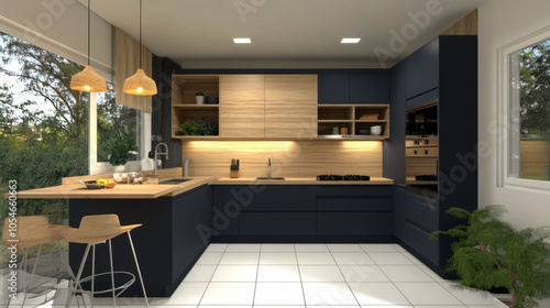 Wallpaper Mural Modern kitchen with dark blue cabinets, wooden accents, and bright atmosphere. design features sleek lines, spacious layout, and natural light enhancing inviting space Torontodigital.ca