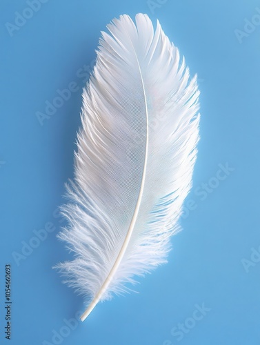 One feather on a light blue background, fine detail, high-resolution close-up, natural lighting enhances its beauty. photo