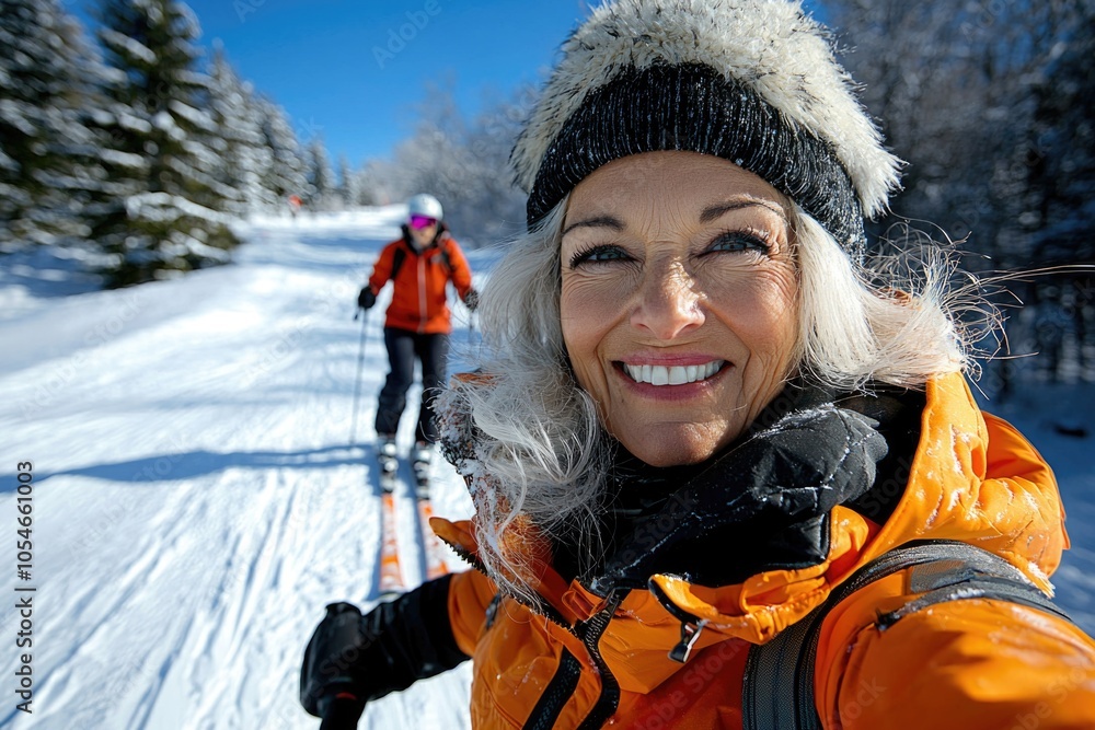 Winter escape: adults embracing joy of holidays, reveling in weekends spent riding through snowy mountains, experiencing thrill of nature, happiness that winter adventures bring to their lives. Winter escape: adults embracing joy of holidays, reveling in weekends spent riding through snowy mountains, experiencing thrill of nature, happiness that winter adventures bring to their lives.