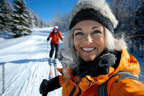 Winter escape: adults embracing joy of holidays, reveling in weekends spent riding through snowy mountains, experiencing thrill of nature, happiness that winter adventures bring to their lives.