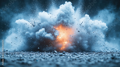 powerful explosion creates dramatic cloud of smoke and debris on concrete ground, showcasing intense energy and impact of blast