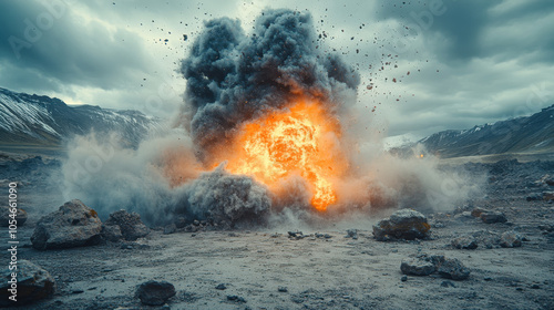 powerful explosion erupts on rocky ground, sending smoke and debris into air against dramatic landscape. scene captures intensity and chaos of moment photo