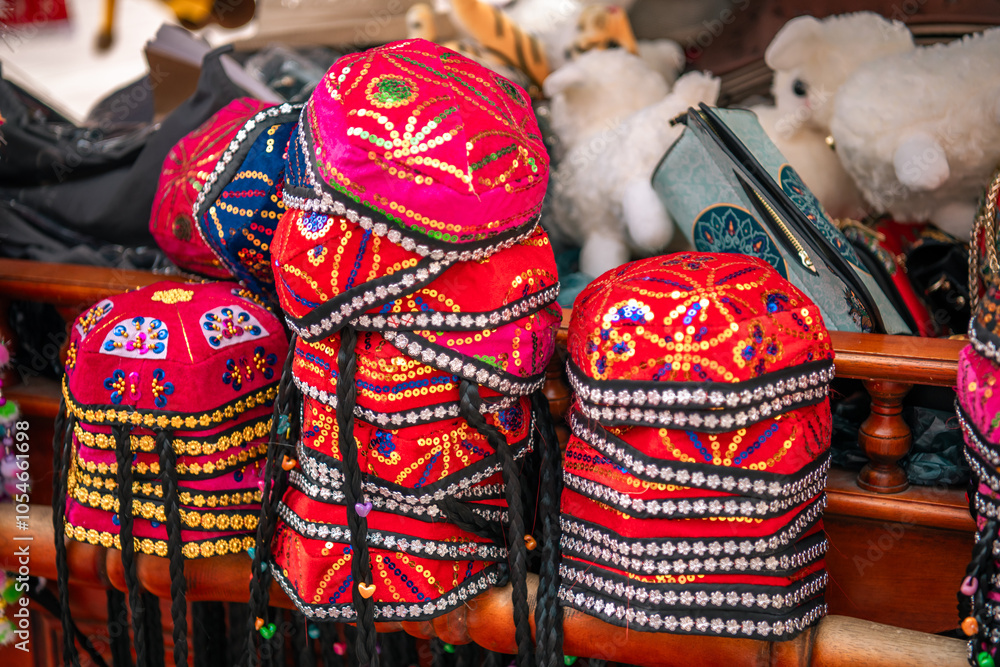 Fototapeta premium Traditional men's hats in Urumqi International Grand Bazaar, Xinjiang China