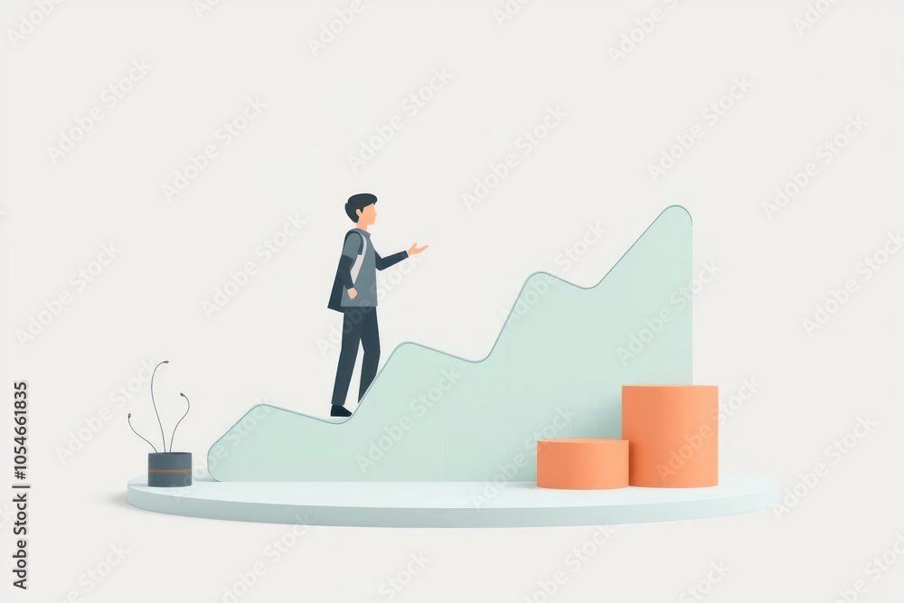 Obraz premium 3D illustration of a man walking up a graph