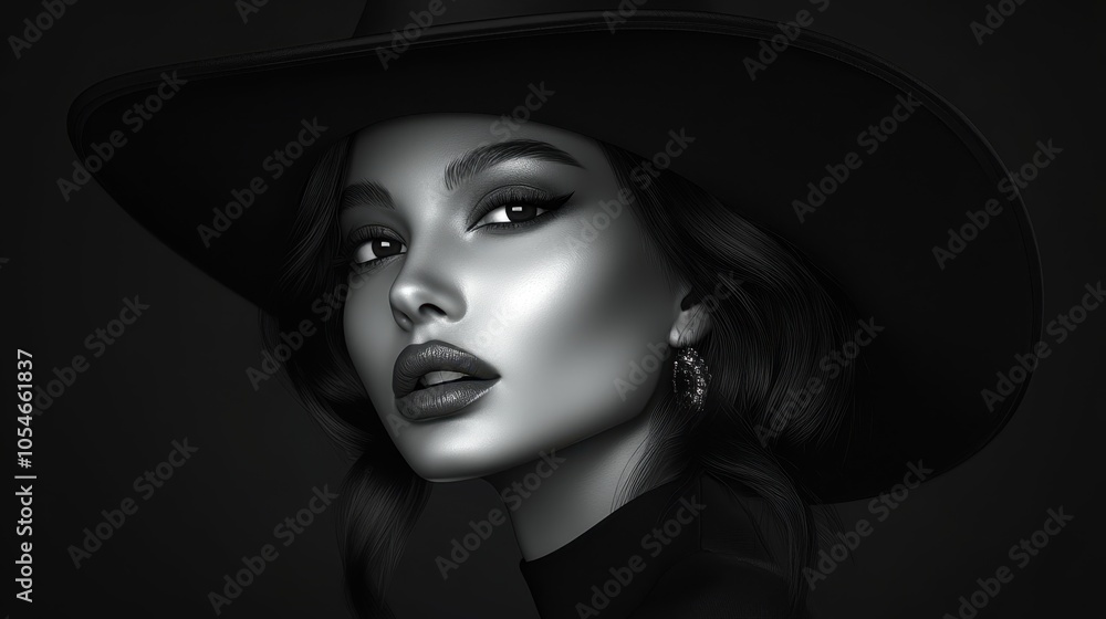 Elegant Woman in Black Hat, Close-Up Elegant Woman in Black Hat, Close-Up
