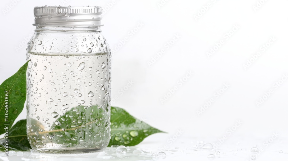 A glass jar filled with clear liquid with water droplets and green leaves on a white background. A glass jar filled with clear liquid with water droplets and green leaves on a white background.