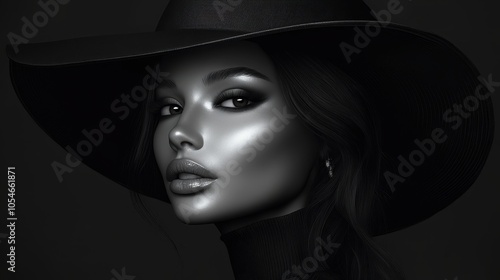 Elegant Woman in Black Hat, Close-Up 