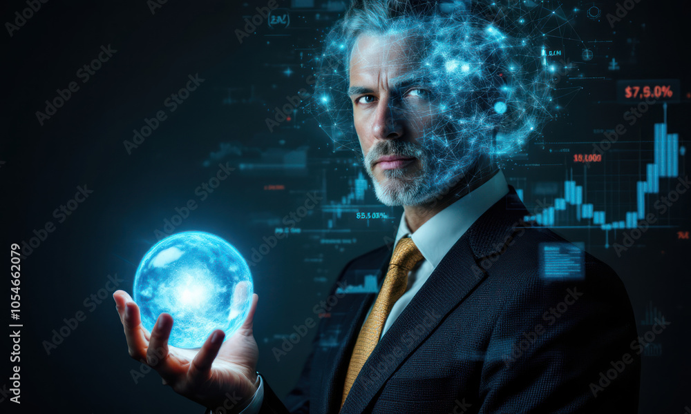 Businessman holding a glowing orb with data Businessman holding a glowing orb with data