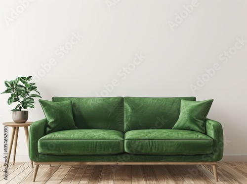 A green velvet sofa with wooden legs and a side table with a potted plant in front of a white wall