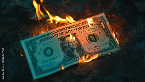 Dollar bill burning on fire. inflation.