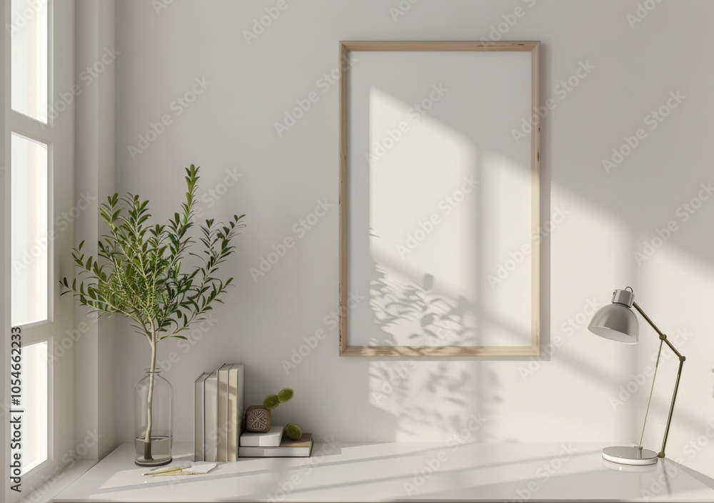 A minimalist home office desk with a blank poster frame. lamp. plant. and books A minimalist home office desk with a blank poster frame. lamp. plant. and books