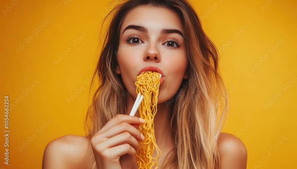 Woman Eating Noodles with Chopsticks Woman Eating Noodles with Chopsticks