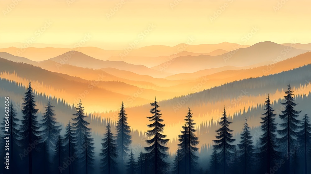 A serene landscape at dawn featuring tranquil mountains and coniferous forests in shades of blue and orange, evoking a sense of peace and natural beauty. A serene landscape at dawn featuring tranquil mountains and coniferous forests in shades of blue and orange, evoking a sense of peace and natural beauty.