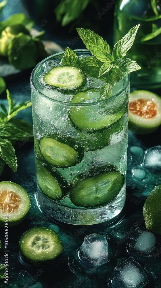 Refreshing Cucumber and Mint Drink with Ice Cubes Refreshing Cucumber and Mint Drink with Ice Cubes