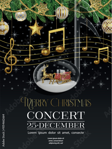 christmas concert flyer with pine branches, gold musical notes and decorations. christmas poster with musical note shaped snow globe
