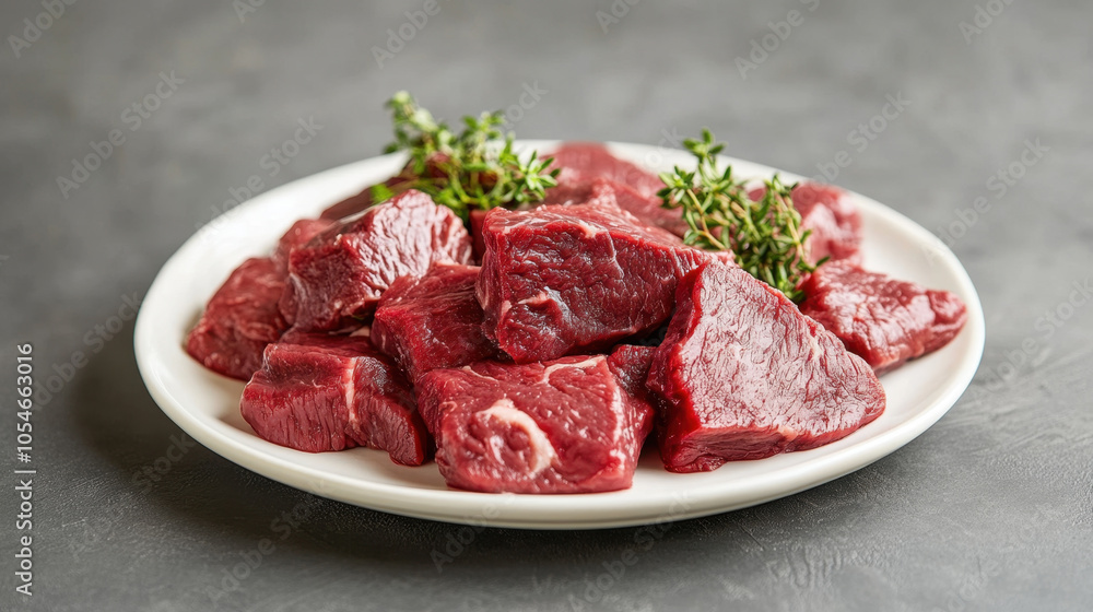 Fresh beef chunks on white plate with green thyme, perfect for cooking delicious meals. vibrant red color and natural texture make it appetizing choice for any dish Fresh beef chunks on white plate with green thyme, perfect for cooking delicious meals. vibrant red color and natural texture make it appetizing choice for any dish