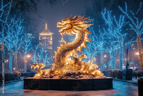 dragon sculpture, an elaborate dragon statue guards the festive new year celebrations in a grand square with elegance photo