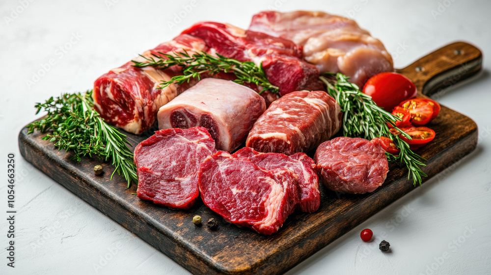 Fresh beef and pork cuts arranged on wooden board with herbs and tomatoes, showcasing variety of textures and colors. Perfect for culinary enthusiasts and meat lovers Fresh beef and pork cuts arranged on wooden board with herbs and tomatoes, showcasing variety of textures and colors. Perfect for culinary enthusiasts and meat lovers