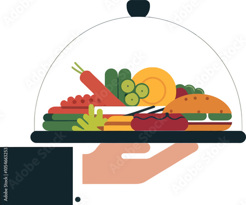 Waiter hand holding cloche serving plate flat icon for food apps and websites