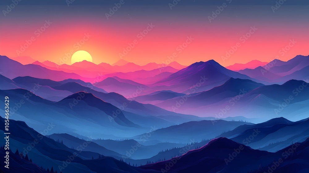 A breathtaking digital art landscape showcasing layered mountains at sunset, with vibrant shades of pink, purple, and orange illuminating the serene sky. A breathtaking digital art landscape showcasing layered mountains at sunset, with vibrant shades of pink, purple, and orange illuminating the serene sky.