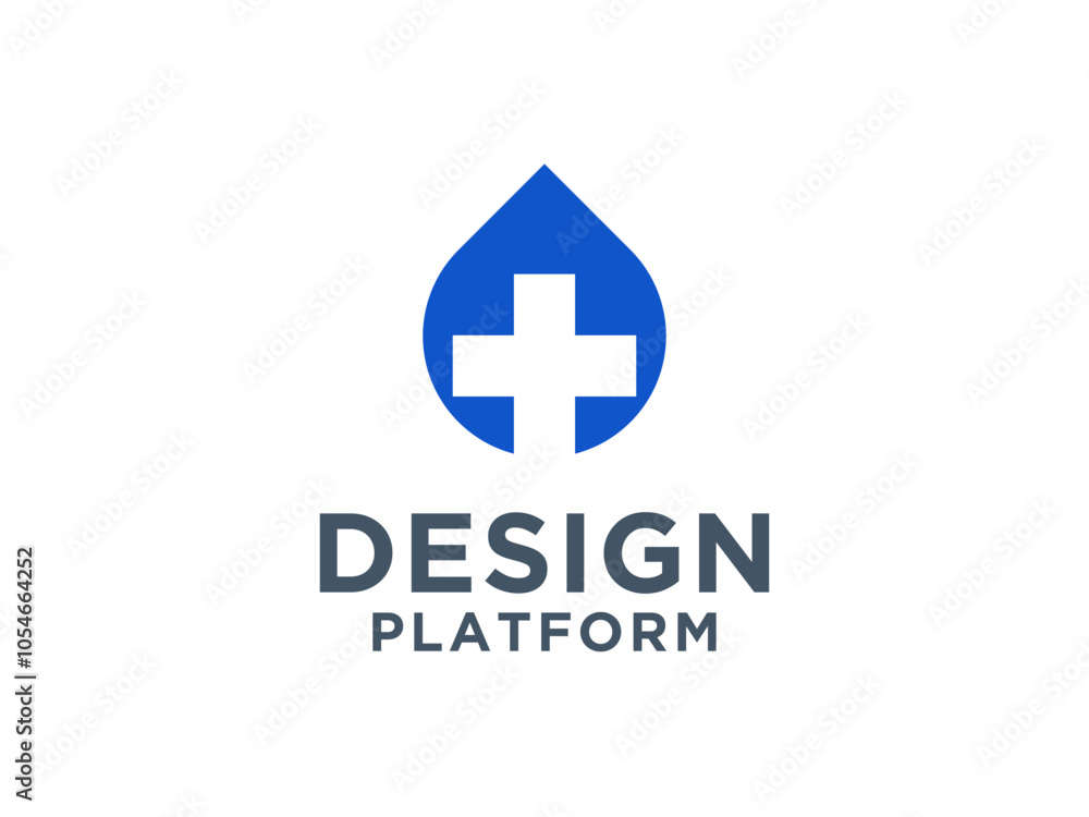 Medical Logo Health Icon. Cross Sign Negative Space with Long Shadow in Water Drop Shape isolated on White Background. Medical Logo Health Icon. Cross Sign Negative Space with Long Shadow in Water Drop Shape isolated on White Background.