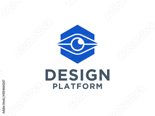 Protection Security Logo. Blue Hexagonal Military Shield with Eye Negative Space inside and Star Sparkle Eyeball isolated on White Background.