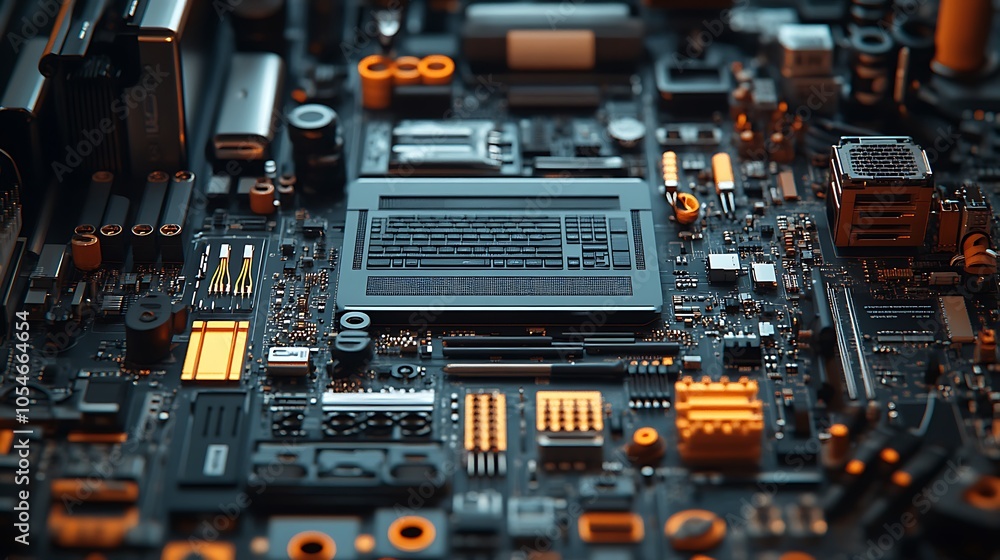 Close-up of a circuit board with a computer chip in the center, surrounded by various components. Close-up of a circuit board with a computer chip in the center, surrounded by various components.