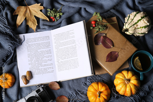 Books with autumn leaves, p...
