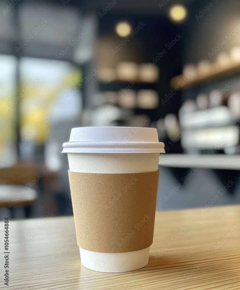 classic cup of coffee sits on wooden table in modern coffee shop, showcasing cozy atmosphere with blurred background elements classic cup of coffee sits on wooden table in modern coffee shop, showcasing cozy atmosphere with blurred background elements