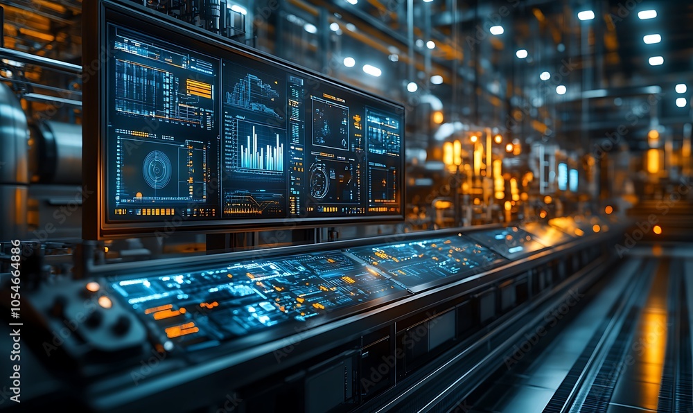 Fototapeta premium Industrial control panel with digital interface in futuristic factory.