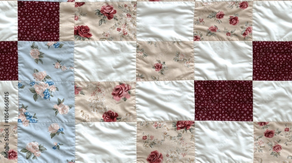 A beautiful display of shabby chic floral patchwork fabric with roses and peonies in soft and bright hues on a crisp white canvas SEAMLESS PATTERN A beautiful display of shabby chic floral patchwork fabric with roses and peonies in soft and bright hues on a crisp white canvas SEAMLESS PATTERN