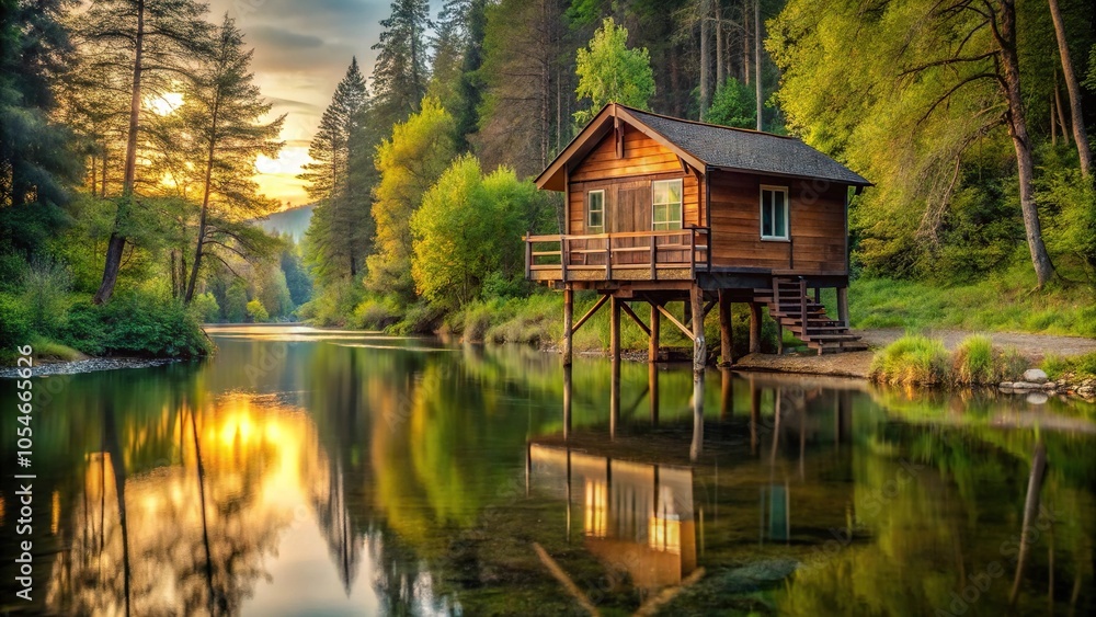 Rustic wooden cabin on stilts over calm river secluded getaway in nature Rustic wooden cabin on stilts over calm river secluded getaway in nature